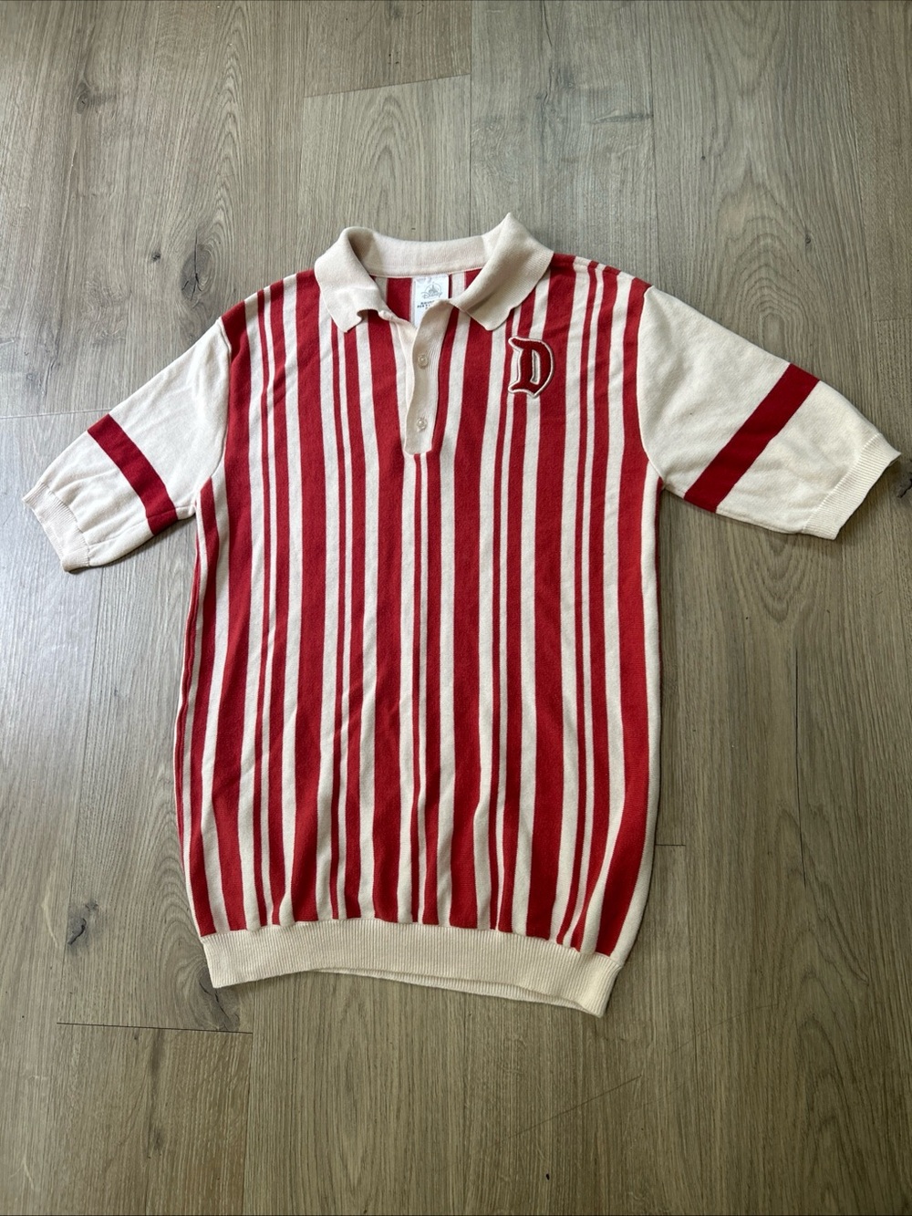 Disney Dapper Dan Red & White Striped Polo Shirt Size S length 25.5” width 17”